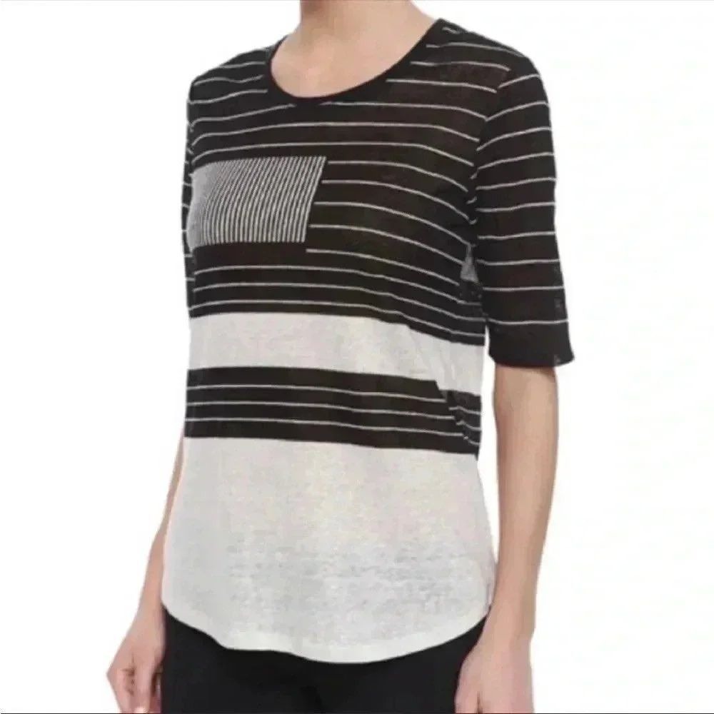 Vince Striped Top Women Black Cream 100% Linen Colorblock Minimalist M